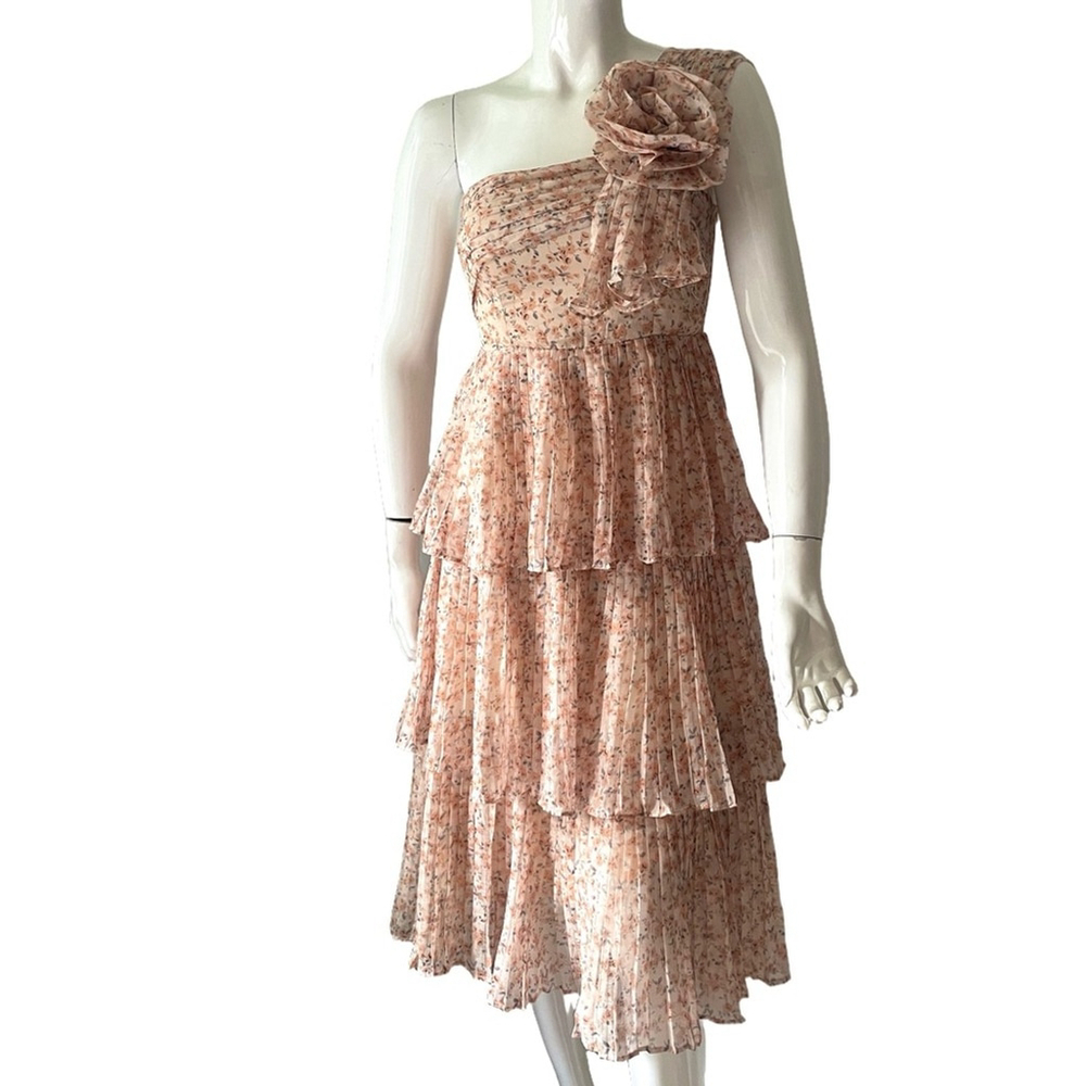 Floral One-Shoulder Tiered Dress pleated